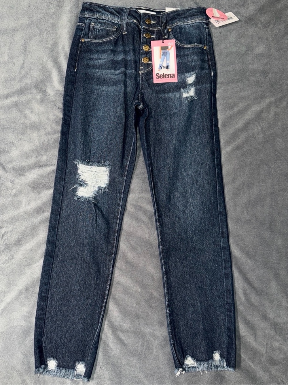 Girls Dark Wash Distressed Button-Fly Jeans - Dark Blue